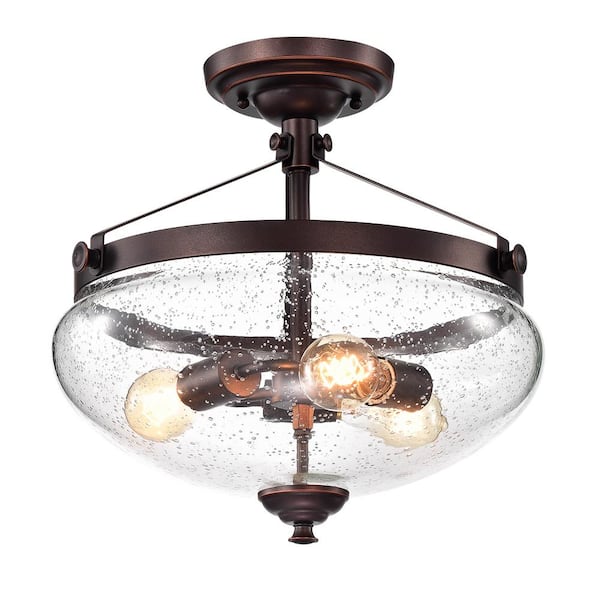 Edvivi Cartwright 16 in. 3-Light Traditional Oil Rubbed Bronze Semi-Flush Mount with Seeded Glass Shade