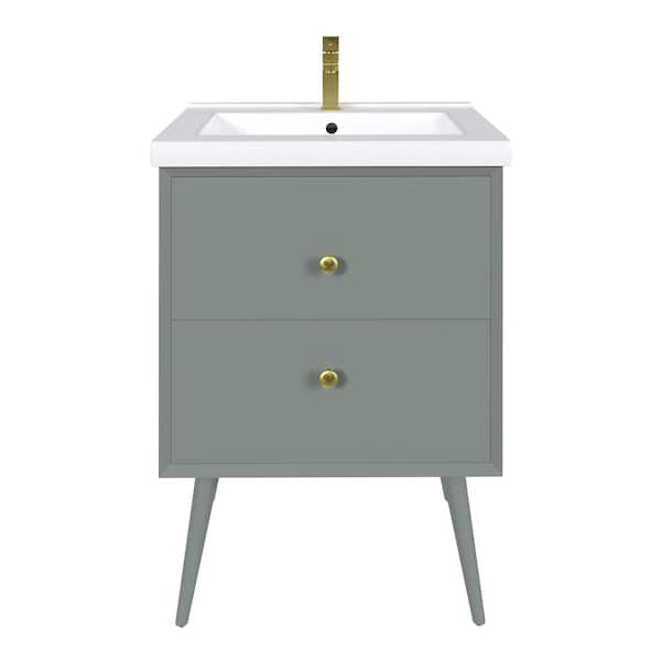 Seoul 24 in. Single Sink Vintage Green Bath Vanity with White Porcelain Top (Assembled)