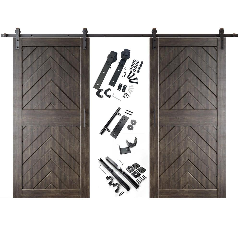 JT1 32 in. x 84 in. C-Panel Ebony Fishbone Design Double Pine Wood Sliding Barn Door with Hardware Kit price history on PriceWatchPro