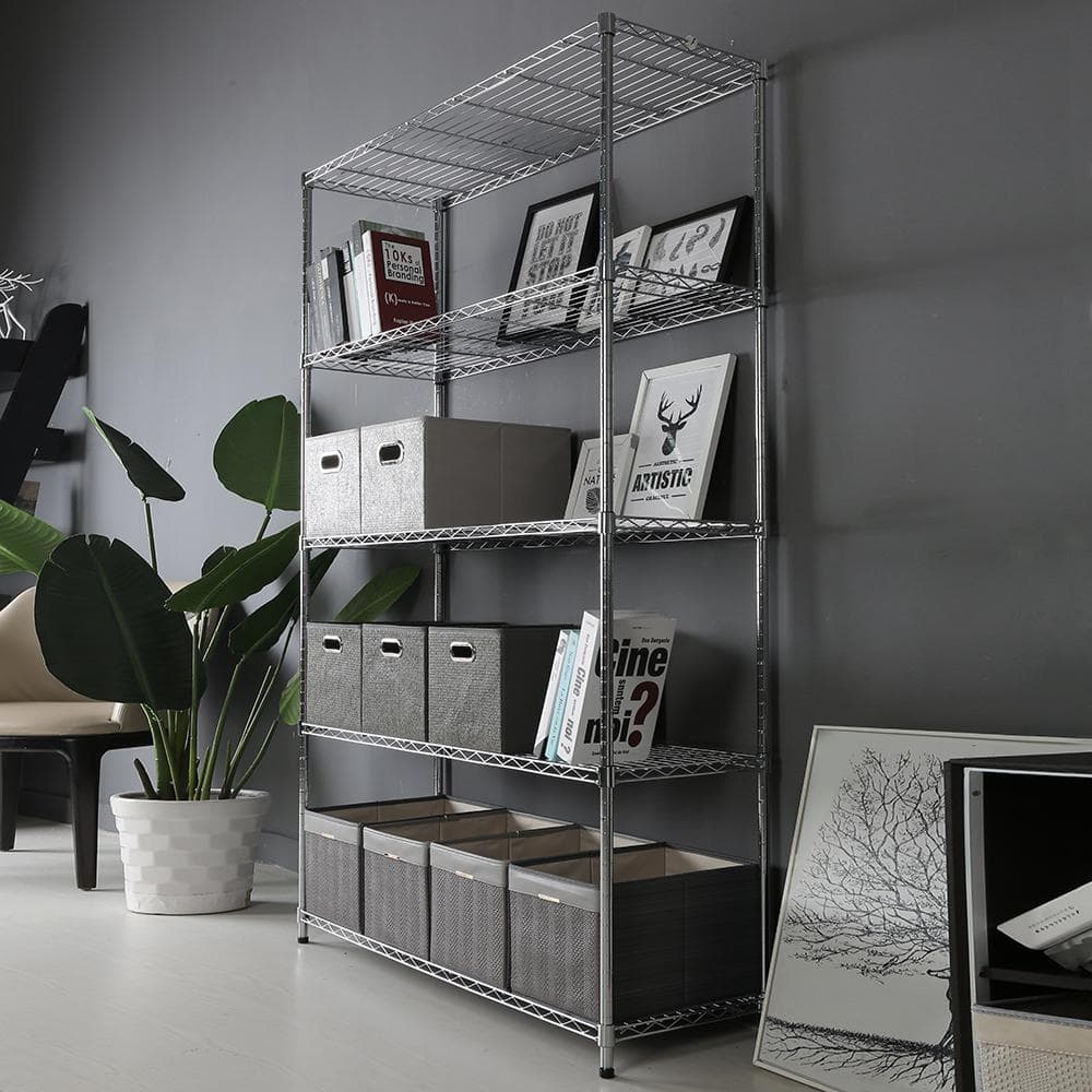 5-Tier Chrome Adjustable Steel Shelving Unit for Kitchens and Garages