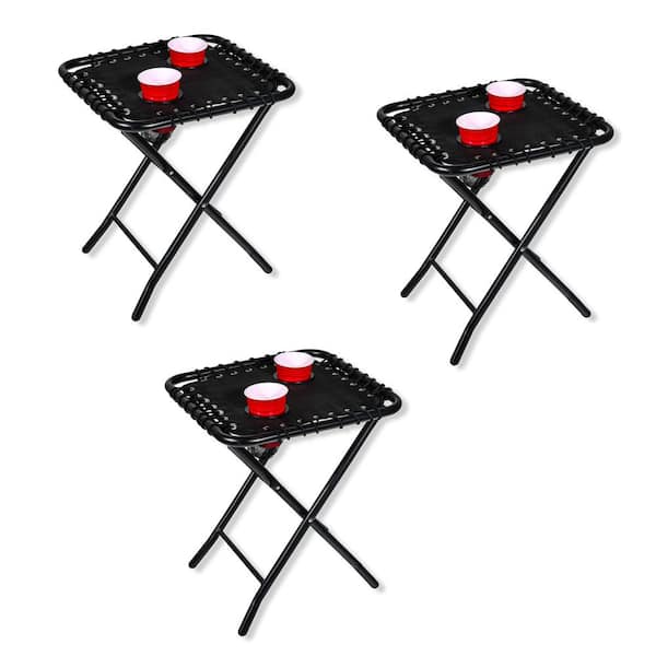 17.5 in. L x 17.5 in. W x 21 in. H Folding Textilene Mesh Vinyl Fabric Side Table with 2 Drink Holders (Set of 3)