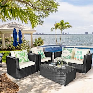 Island 4-Piece Wicker Patio Rattan Furniture Set Sofa Chair Coffee Table Off with White Cushions