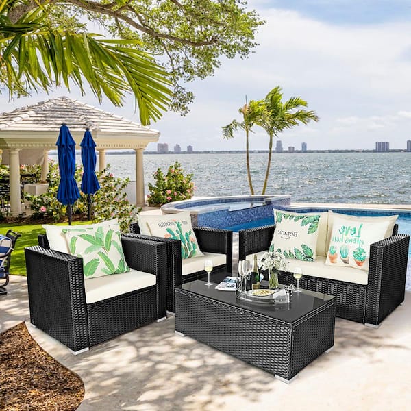 Island 4-Piece Wicker Patio Rattan Furniture Set Sofa Chair Coffee Table Off with White Cushions