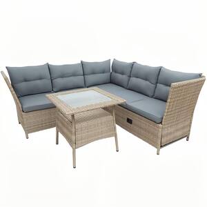 4-Piece All Weather PE Wicker Rattan Outdoor Patio Conversation Sofa Set with Gray Cushions and Adjustable Backs