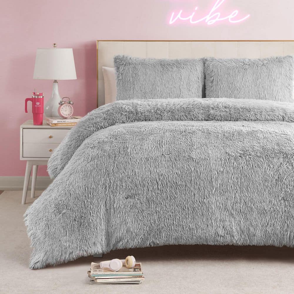 Gray Faux Fur King Comforter Set with Shams
