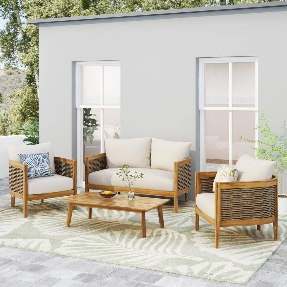 Teak Wood Outdoor 4-Piece Patio Set with Beige Cushions
