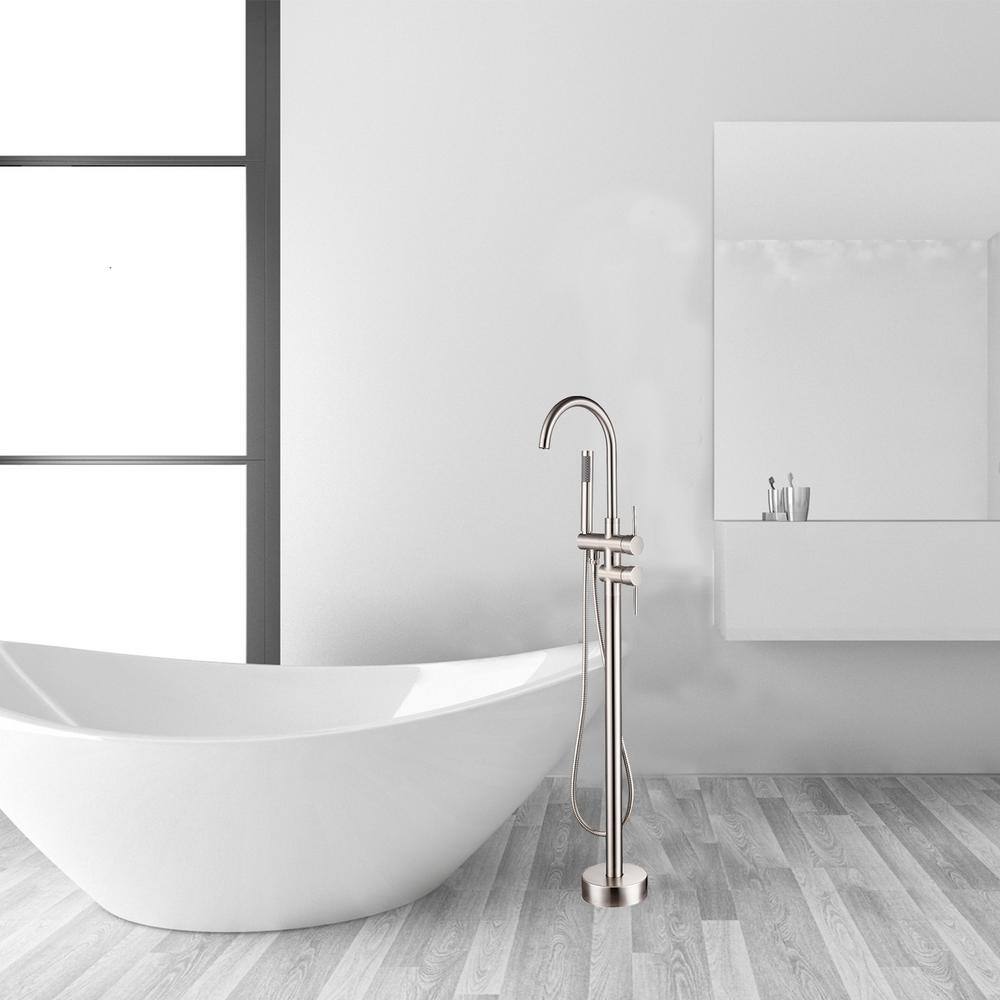 Brushed Nickel Freestanding Tub Filler with Hand Shower
