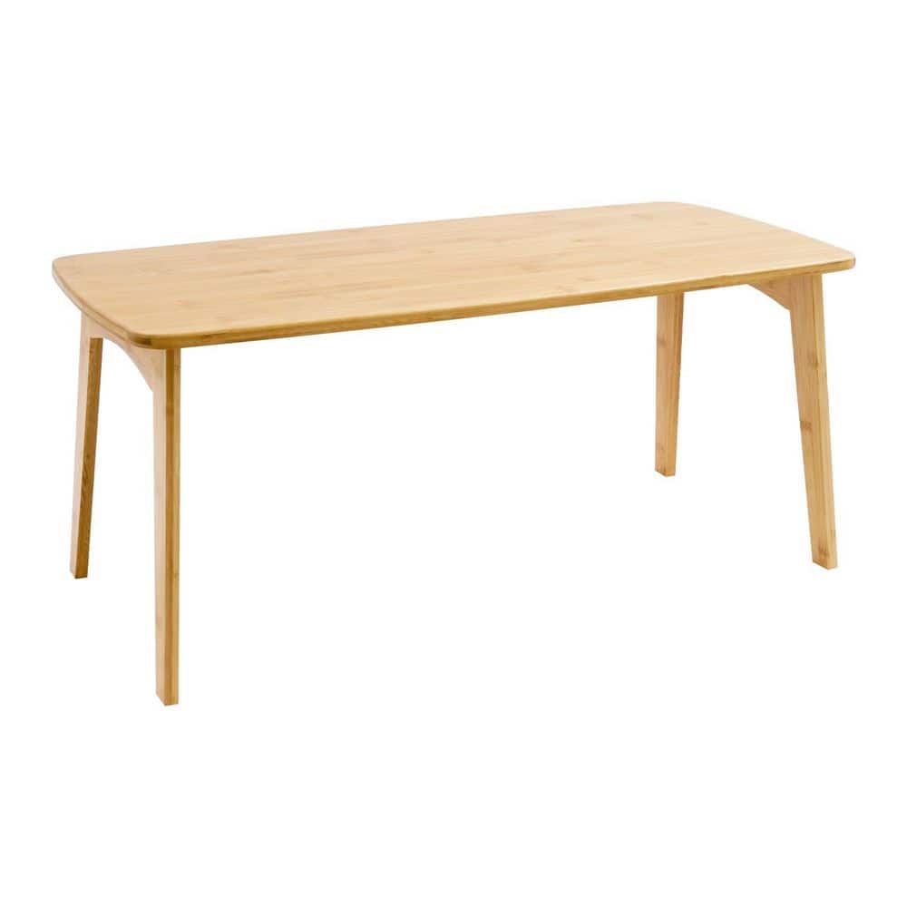 Beige rectangle wood bamboo coffee table on white background.