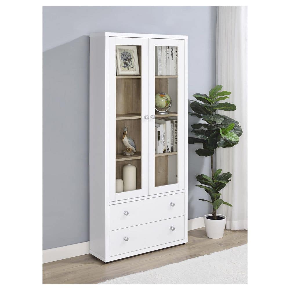 White and Light Brown Glass Door Curio Cabinet with Drawers