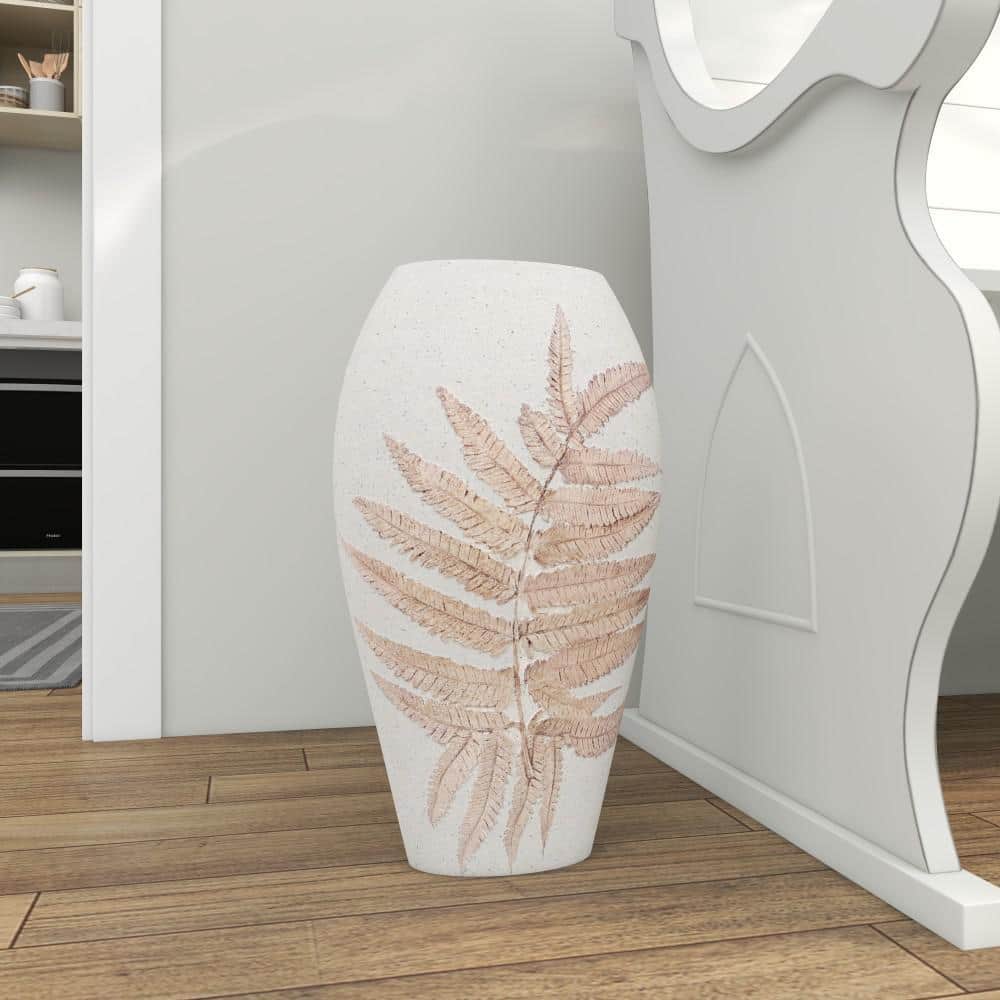 White and Beige Polystone Floor Vase with Leaf Design