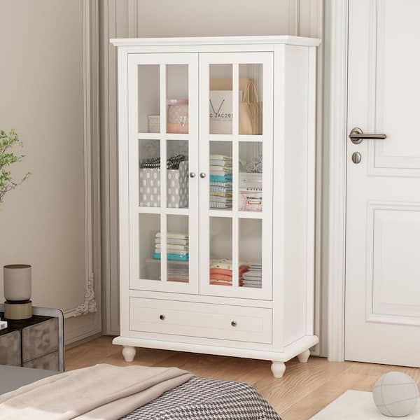 FUFU&GAGA 1-Drawer White Wooden Kids Tall Dresser with 3-Shelf : 31.5" L x15.7" W x55.1" H
