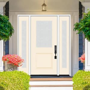 Legacy 64 in. W x 80 in. 1/2 Lite Rain Glass LHIS Primed Linen Finish Fiberglass Prehung Front Door with Db 12 in. SL