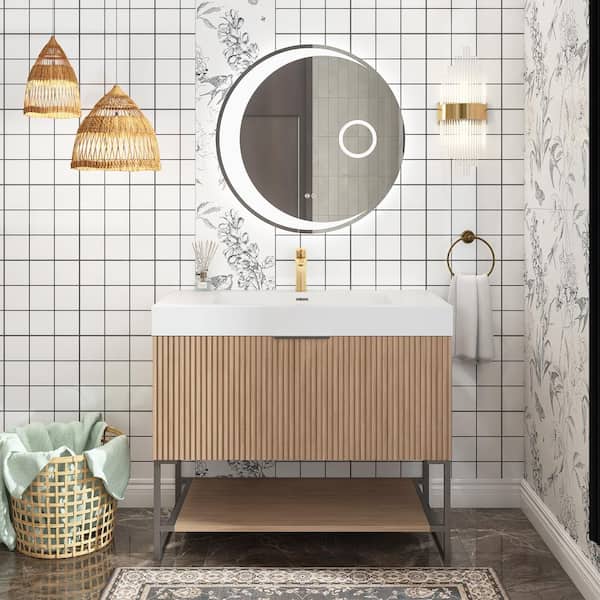 36 in. W Single Sink Freestanding Bath Vanity in Brown Oak with White Acrylic Top