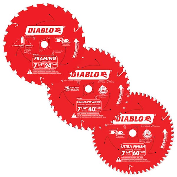 DIABLO 7-1/4 Circular Saw Blade Set - 24-Tooth Tracking Point Framing, 40-Tooth Finish and 60-Tooth Fine Finish (3-Blades)