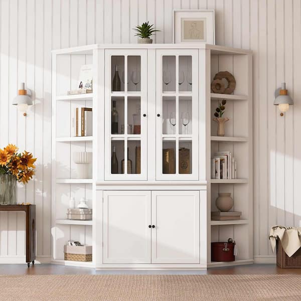 White 75.25 in. Accent Cabinet, Display Cabinet with 2 Triangle Sided Bookshelves, Glass Doors