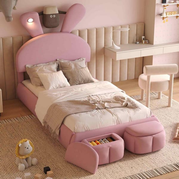 Pink Wood Frame Twin Platform Bed with Cartoon Ears Shaped Headboard and Light