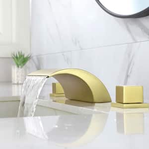 12 in. Waterfall Arc-shaped Widespread Double-Handle Bathroom Faucet Center Widespread Low Arc Faucet in Brushed Gold