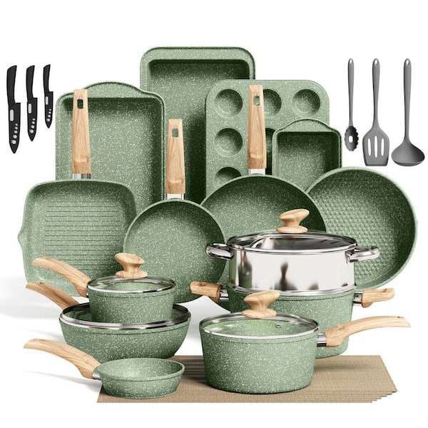 30-Piece Green Granite Nonstick Kitchen Cookware and Bakeware Set Aluminum Core Induction Compatible with Lids