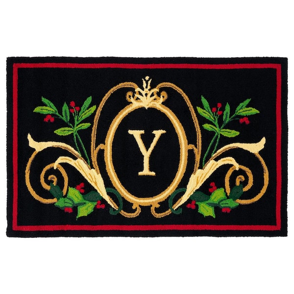 Monogram Black/Multi 3 ft. x 4 ft. "Y" Leaf Ornate Indoor/Outdoor Area Rug