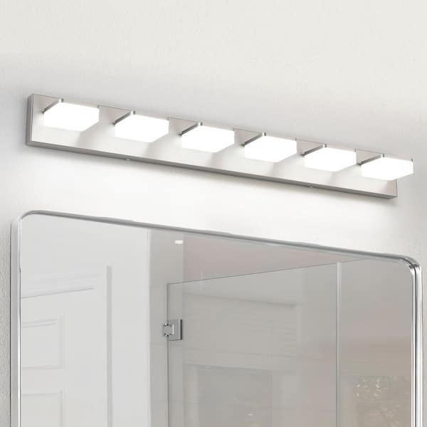 38.98 in. 6-Light Nickel LED Vanity Light with Dimmable 5500K Light and 270° Swivel Range Acrylic Lampshade