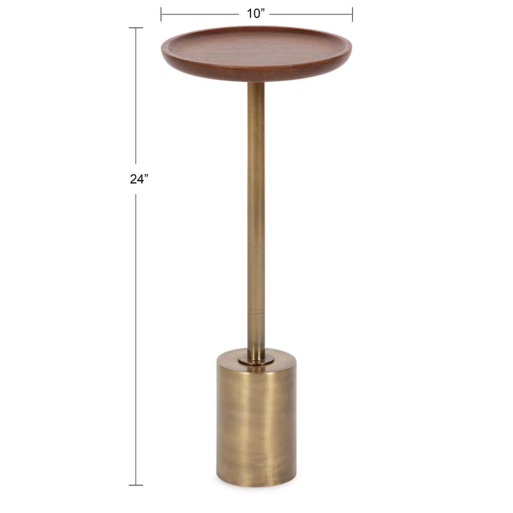 Walnut Brown and Antique Brass Round Wood and Metal Drink Table