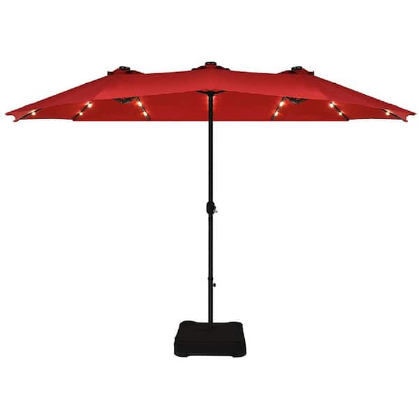 Unbranded 15 ft. Market Double-Sided Solar Crank 36-Lights Base LED Patio Umbrella in Burgundy