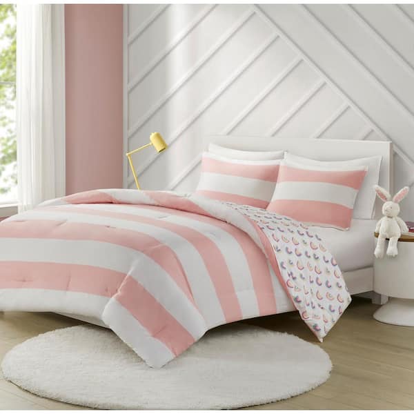 Urban Habitat Kids Dakota 2-piece Pink Twin Cotton Cabana Stripe Reversible Comforter Set with Rainbow Reverse