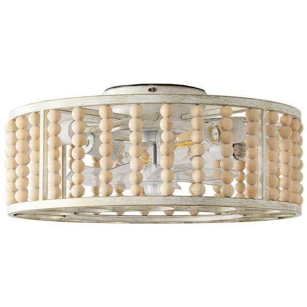 PAUMAN 19.49 in. 4-Lights Indoor White Boho Farmhouse Wood Beads Ceiling Fan with Lights and Remote Control