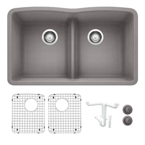 Diamond 32 in. Undermount Double Bowl Metallic Gray Granite Composite Kitchen Sink Kit with Accessories