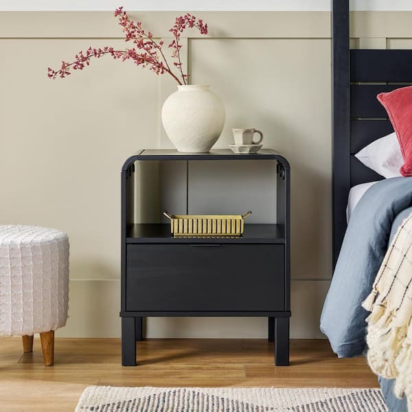 Walker Edison Furniture Company Black 1-Drawer Solid Wood Modern Rounded 19 in. W Nightstand