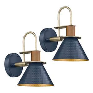 9.8 in. 1-Light Antique Blue Modern Gooseneck Wall Sconces Indoor Wall Lights with Hammered Metal Shade (2-Pack)