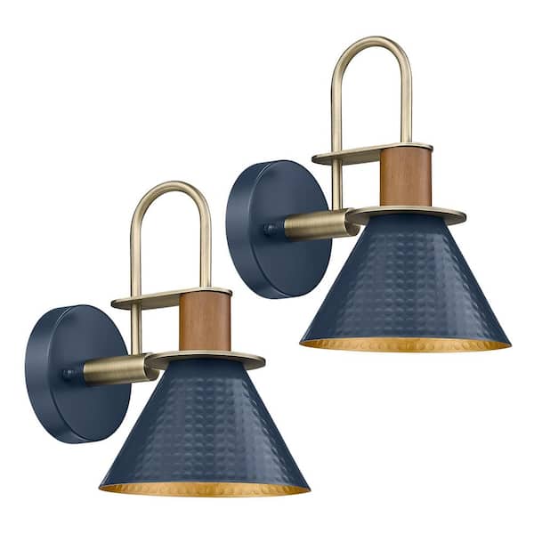 JAZAVA 9.8 in. 1-Light Antique Blue Modern Gooseneck Wall Sconces Indoor Wall Lights with Hammered Metal Shade (2-Pack)