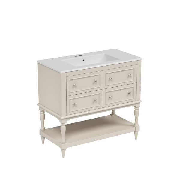 36 in. Freestanding Bathroom Vanity with 4 Drawers, Undermount Ceramic Sink and Solid Wood Frame in Beige