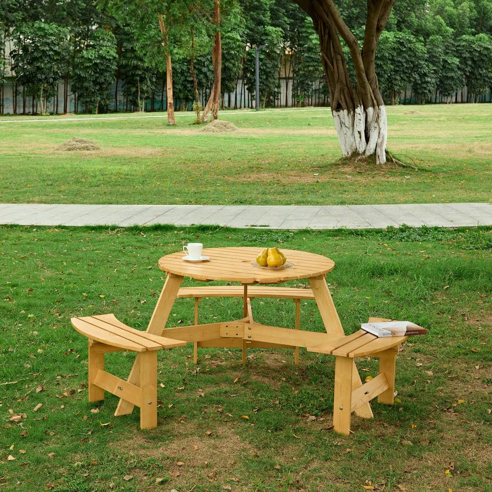 63 in. Natural Outdoor Round Wood Picnic Table Seats 6