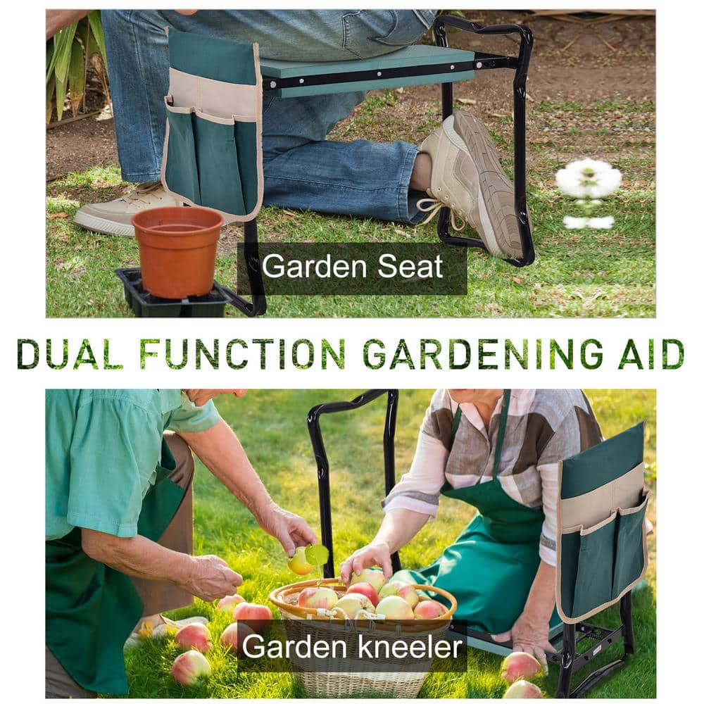 Green and Black Folding Garden Kneeler Seat with Tool Pouch