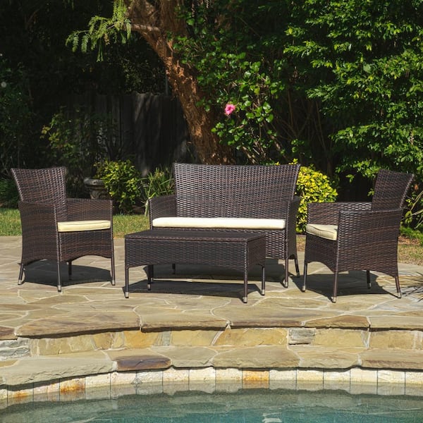 Noble House Malta Multibrown 4-Piece Faux Rattan Patio Conversation Set with White Cushions