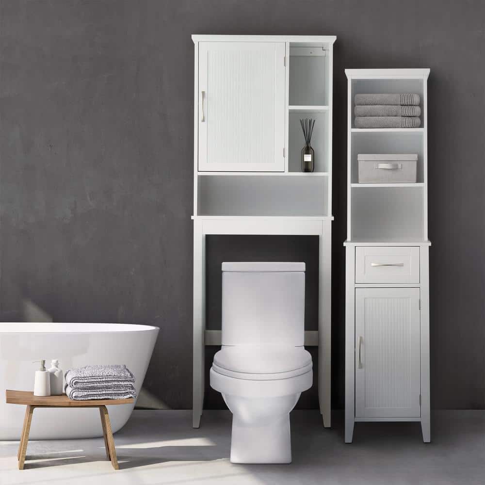 White Wooden Over-the-Toilet Cabinet with Adjustable Shelves