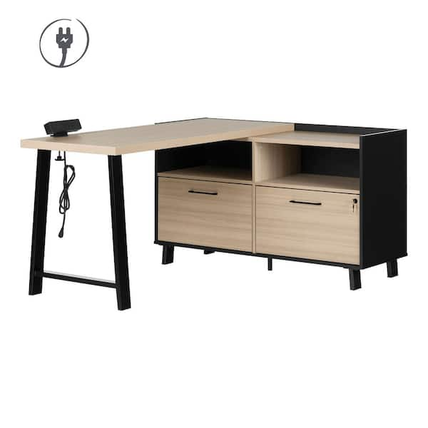 South Shore Kozack 51 in. Soft Elm and Matte Black L-Shaped Gray Oak Particle Board Desk Desk 2-Drawers