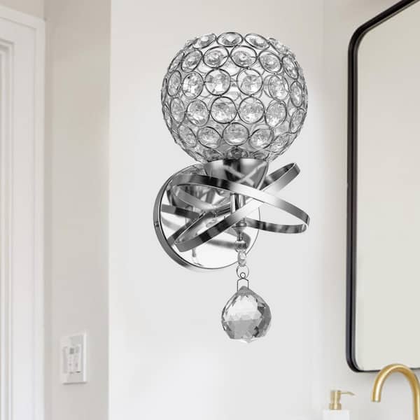 YANSUN 5 in. 1-Light Silver Vanity Light Indoor Wall Sconce with Antique Metal Crystal Shade