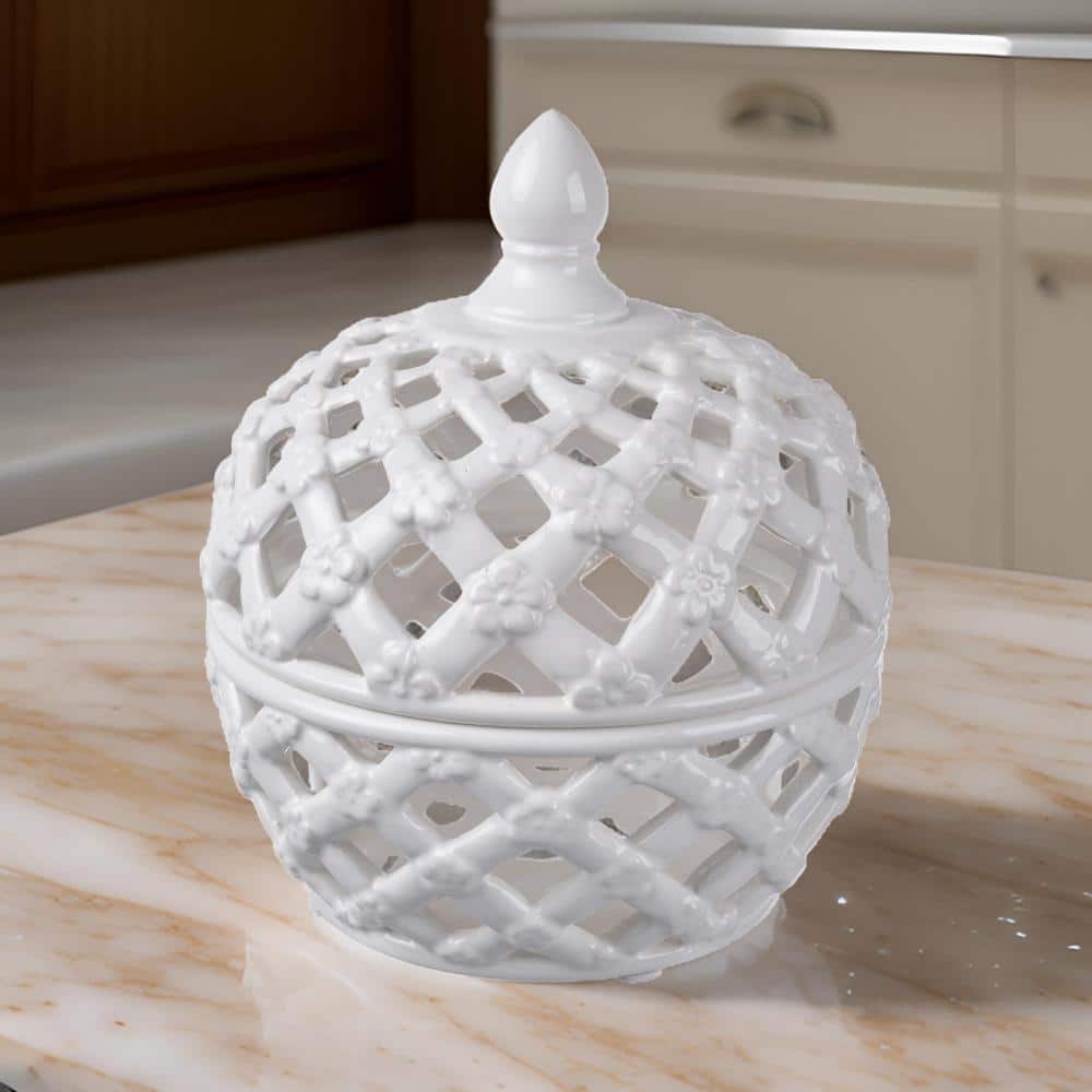 Small White Ceramic Lidded Jar with Floral Motif