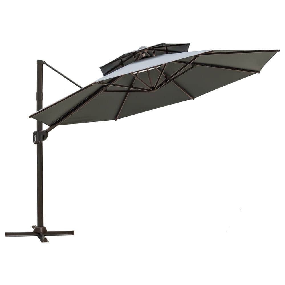 11.5 ft Gray Aluminum Cantilever Patio Umbrella with Double Top