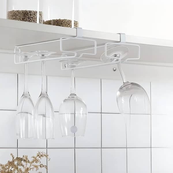 2-Pack Under Cabinet Iron Wine Glass Holder, Hanging Storage Rack Organizer for Kitchen, White