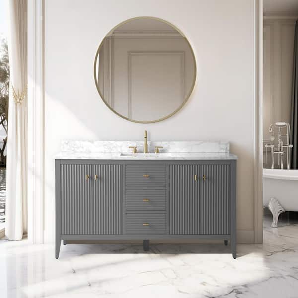 Vanity Art 60 in. W x 22 in D x 38 in. H Single Sink Linear Gray Bath Vanity Cabinet with White Engineered Marble Top