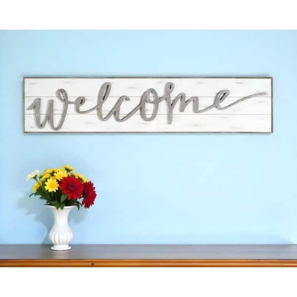 HomeRoots 48 in. x 11.25 in. White, Grey Welcome Solid and Manufactured Wood Wall Art 1-Piece