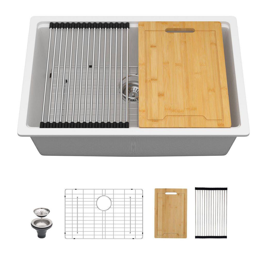 28 in. Undermount Single Bowl Workstation White Composite Kitchen Sink Quartz Basin Round Corner with Bottom Grid price history on PriceWatchPro