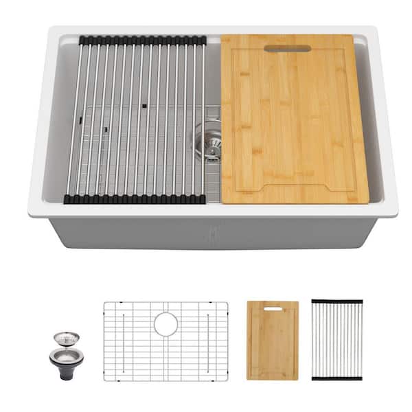 28 in. Undermount Single Bowl Workstation White Composite Kitchen Sink Quartz Basin Round Corner with Bottom Grid