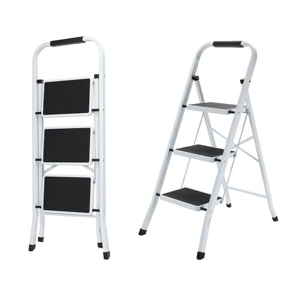 White 3.5 ft. Reach Height 3-Step Foldable Non-Slip Metal Ladder for Home, Kitchen, Office, Loading 330 lbs.