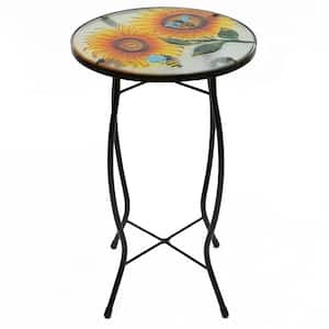 19 in. Sunflower and Bumblebee Glass Patio Side Table