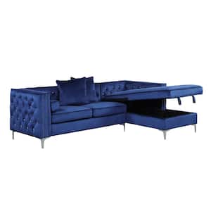 Marshall 34 in. W Arm Rest 2-Piece L Shaped Navy Blue Velvet Sectional With Tufted Crystals And Nail Head Trim
