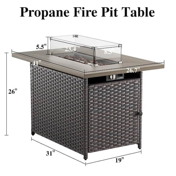 Arcline 41 in. 50000 BTU Rectangle Brown Wicker Outdoor Gas Fire Pit Table with Volcanic Stone